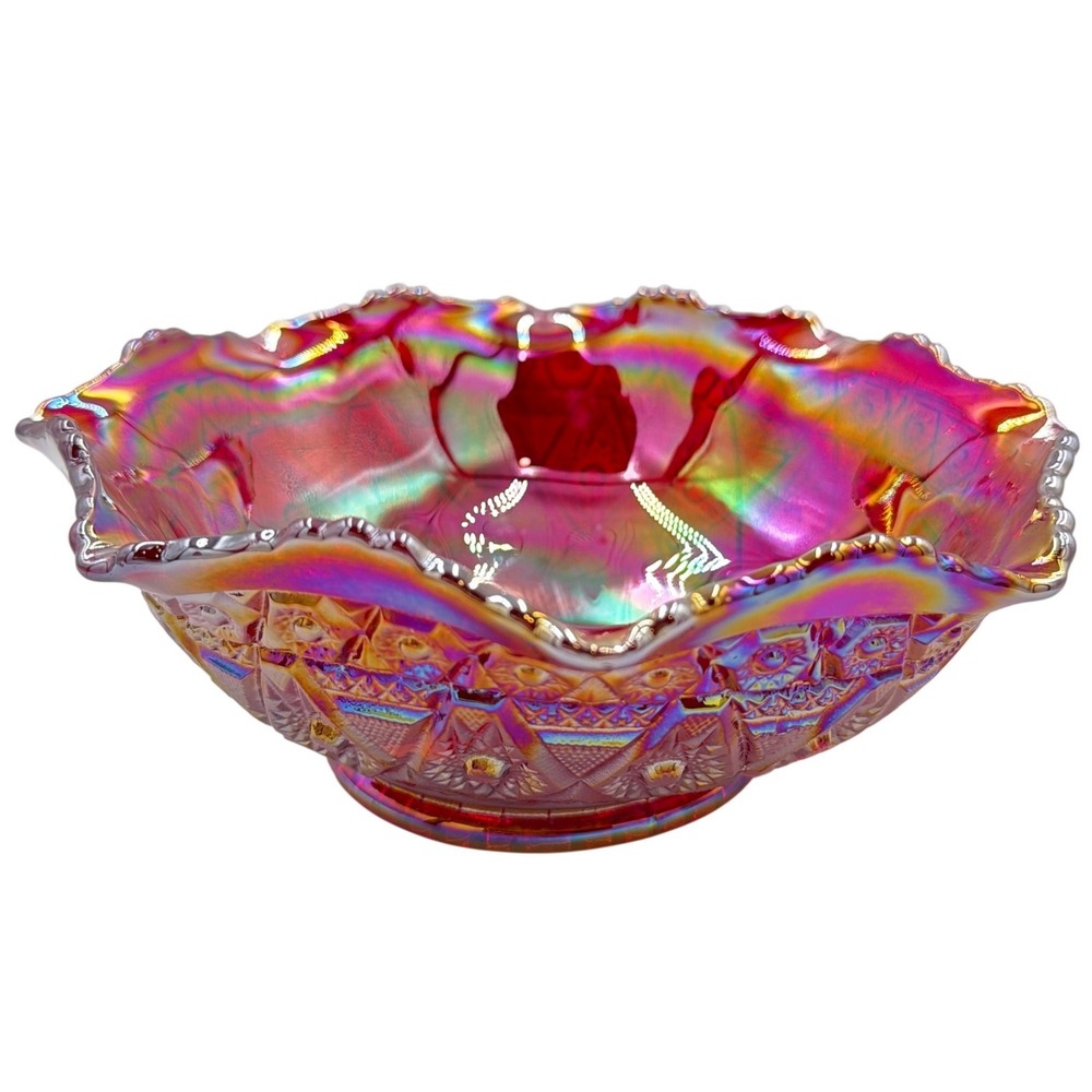 Vintage Red Carnival Glass Bowl Daisy and Button‎ Iridescent Ruffled 8in America